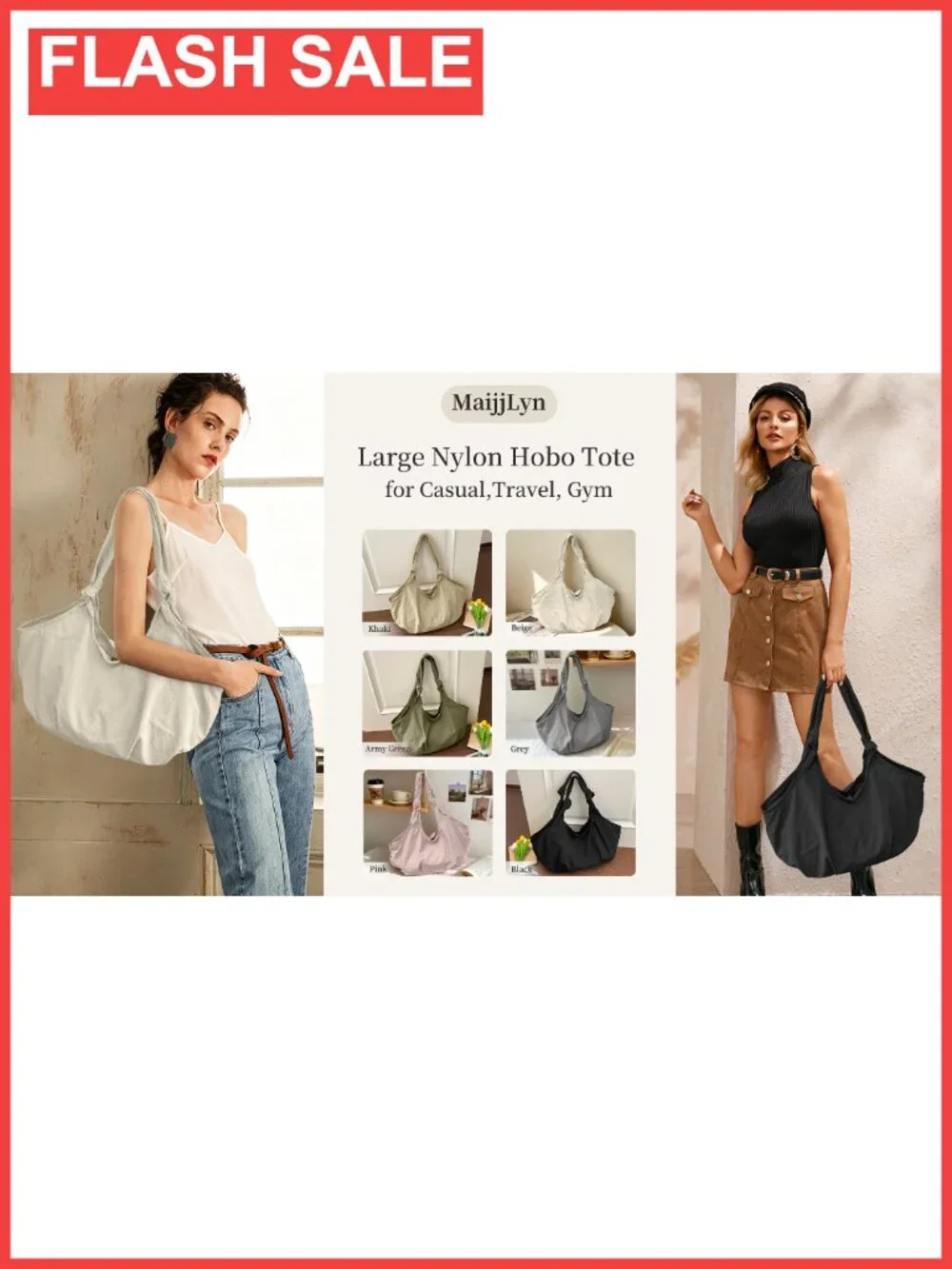 Nylon Slouchy Knotted Hobo Shoulder Bag Multi-Pocket Everyday Purse